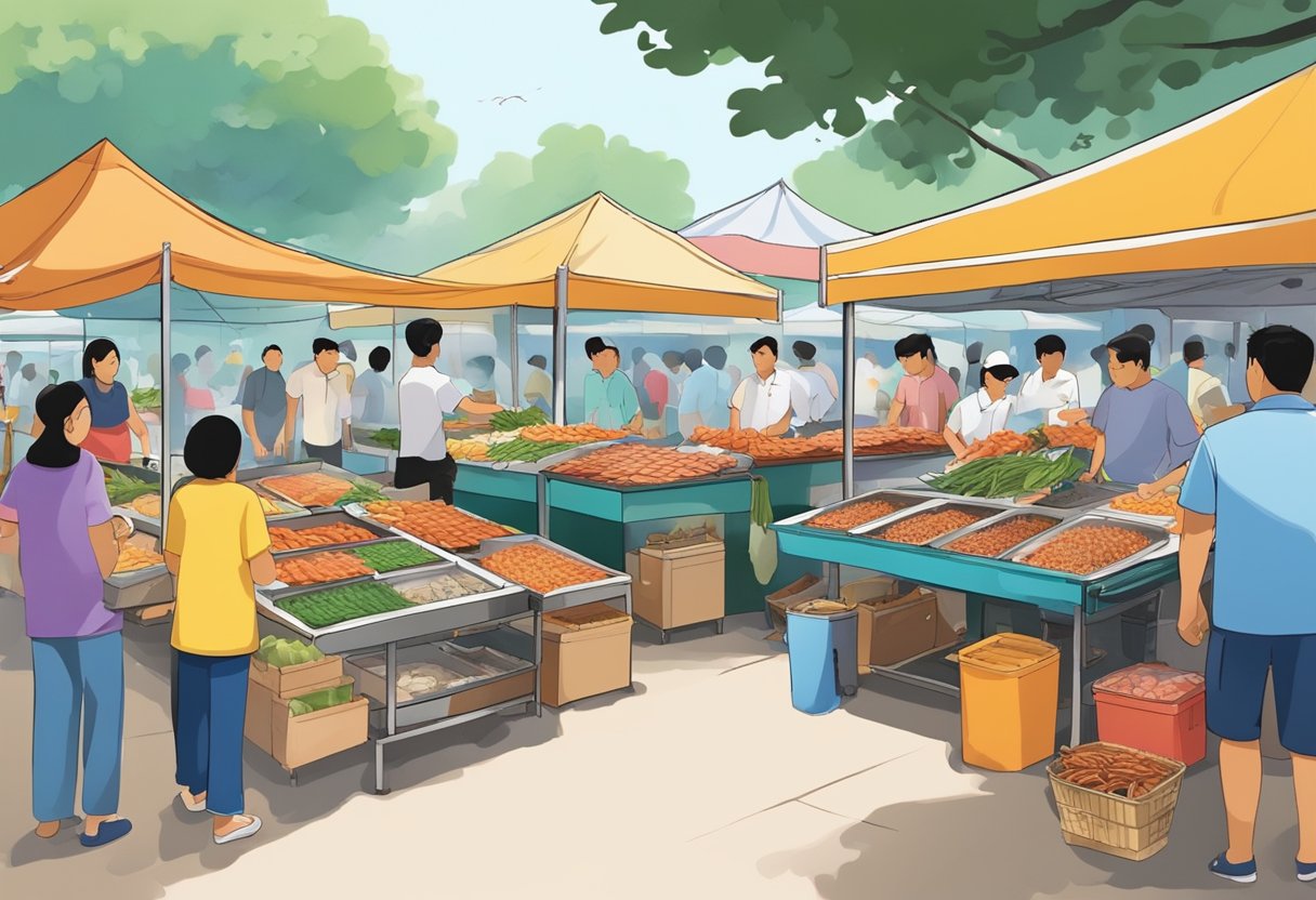 A bustling seafood market at Pasir Ris Park, with colorful stalls and fresh catches on display. The aroma of grilled seafood fills the air, as customers browse and bargain with the vendors