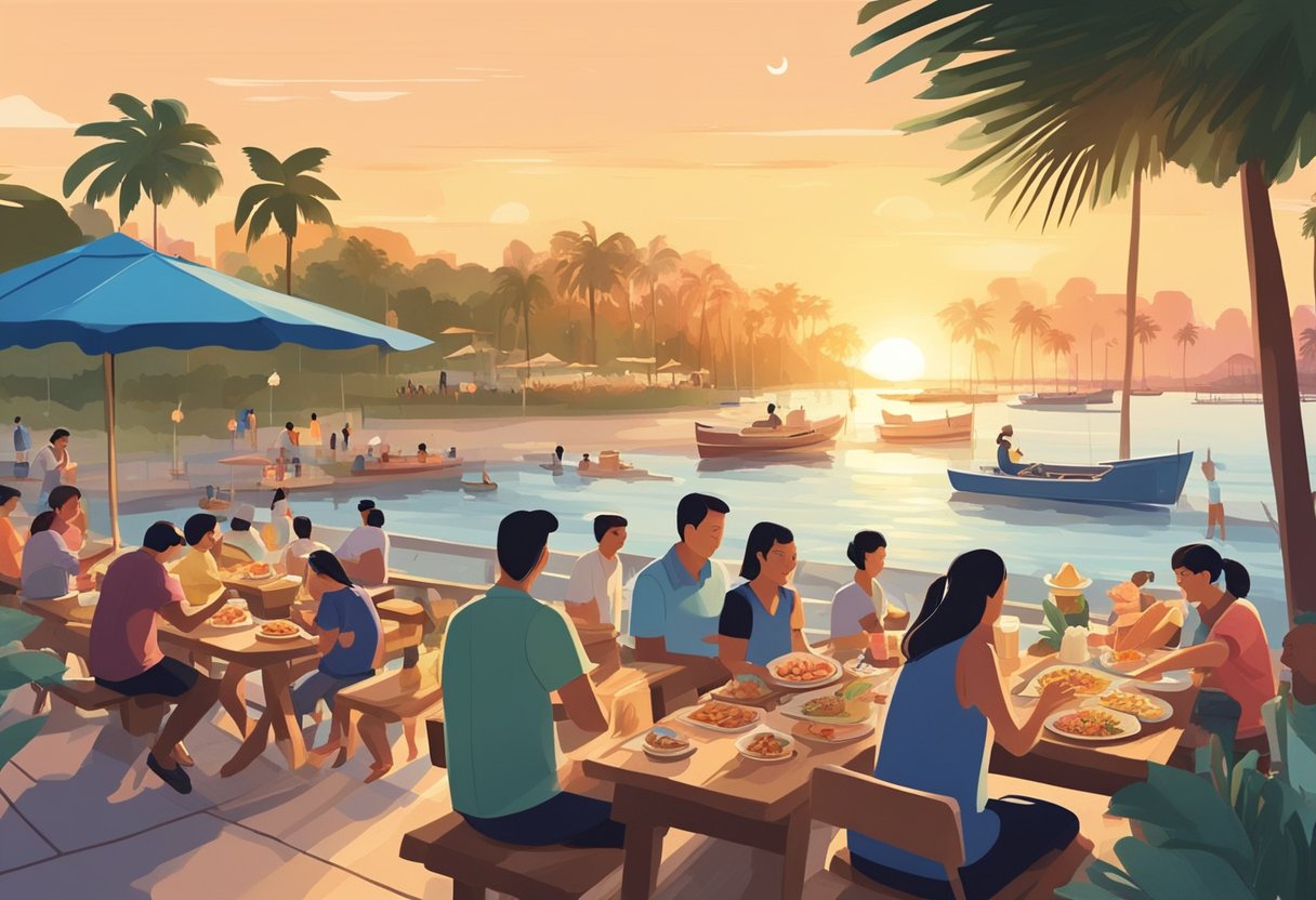People are enjoying fresh seafood at Pasir Ris Park. The sun sets behind the palm trees as families gather around picnic tables, feasting on crabs and prawns. Waves crash in the background, creating a serene atmosphere