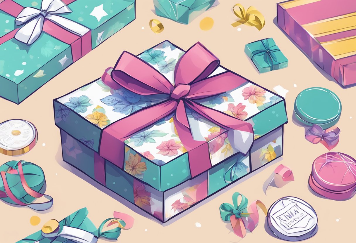 A gift box being decorated with ribbons, stickers, and a personalized message