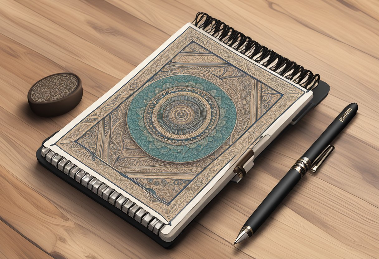 A customized notebook lies open on a wooden desk, adorned with intricate designs and personalized lettering. A pen rests beside it, ready for use