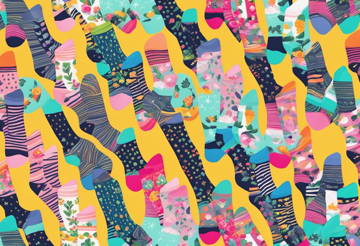 Customised socks with vibrant patterns and personalized designs arranged neatly in a row on a colorful background