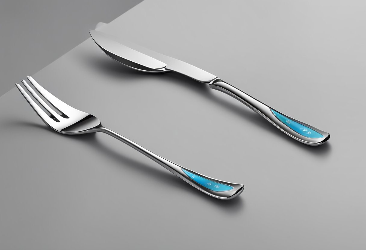 A cutlery set displayed on a sleek, modern table with a company logo engraved on each piece