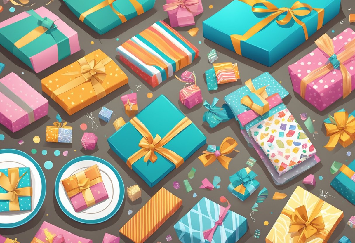 A table with various gift items laid out, surrounded by colorful wrapping paper, ribbons, and personalized labels