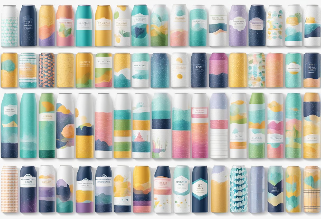 Colorful tumbler labels arranged in a grid pattern, with various designs and text, placed on a clean, white background