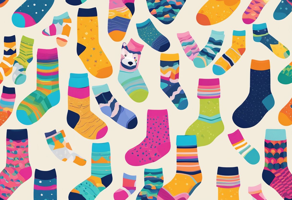 A colorful array of customised socks arranged in a playful pattern, with various designs and vibrant colors, ready to be worn