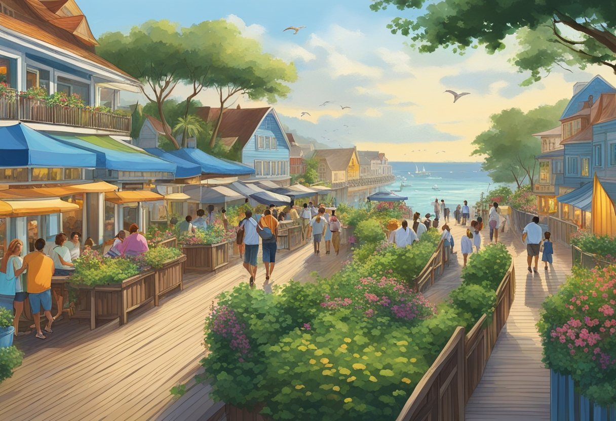 Visitors stroll along the boardwalk, surrounded by lush greenery and the sound of waves crashing. Seafood restaurants line the waterfront, with colorful fishing boats bobbing in the distance
