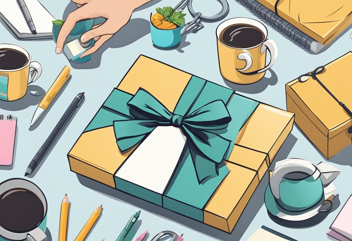 A hand reaches for a personalized gift box with a bow, surrounded by various customizable items like mugs, keychains, and notebooks