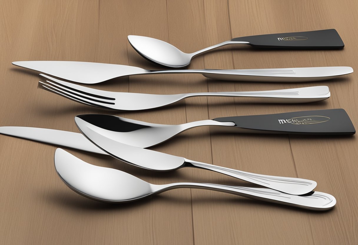 A sleek and modern cutlery set displayed on a polished wooden table with a branded corporate logo engraved on each piece