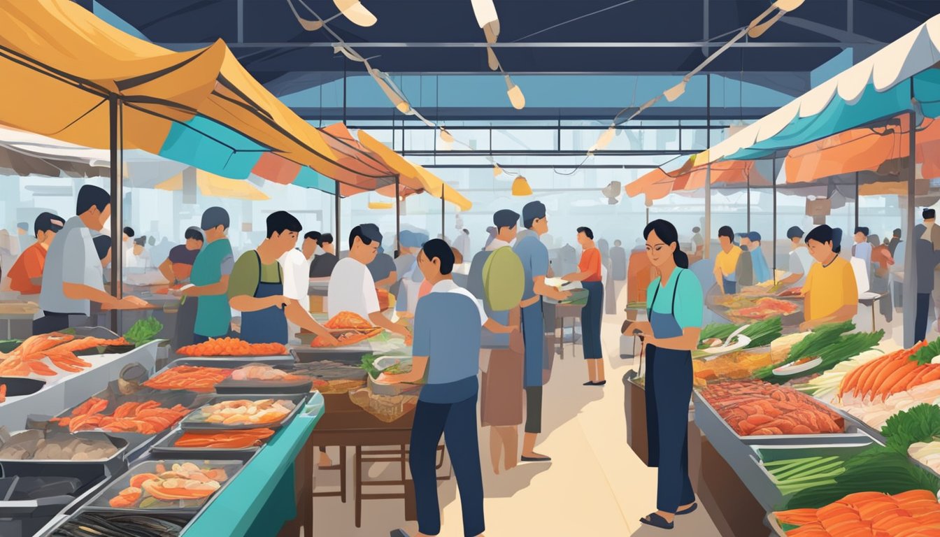 A bustling seafood market in Singapore with colorful stalls and fresh catches on display. The aroma of grilling seafood fills the air