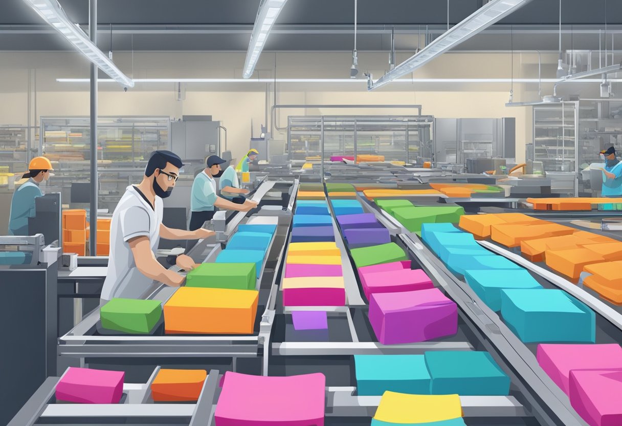 A conveyor belt carries colorful custom socks through a bustling factory, while workers package and label the finished products for distribution