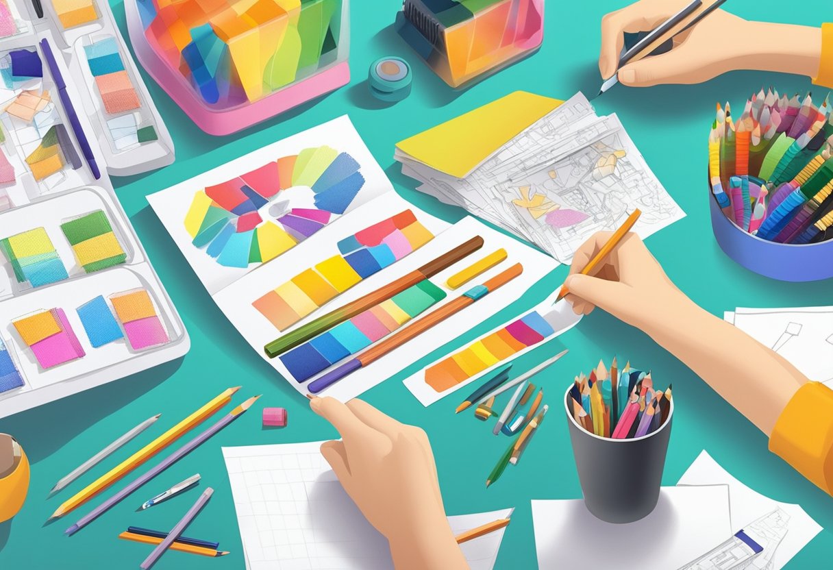 A designer carefully arranges colorful tumbler labels on a work table, surrounded by pencils, markers, and design sketches