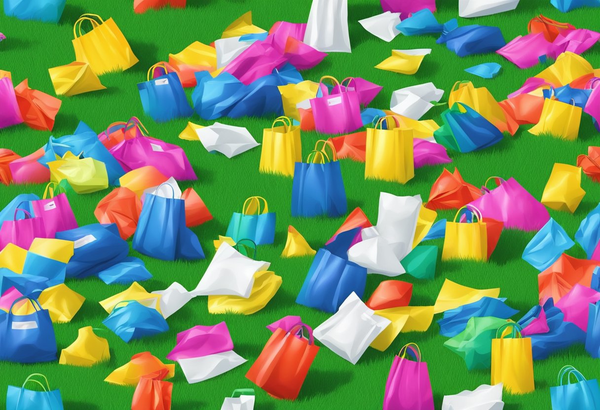 Colorful plastic giveaway bags scattered on a grassy field