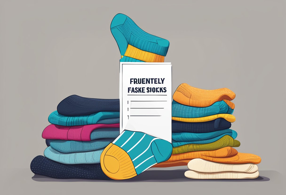 A pile of customised socks with "Frequently Asked Questions" text on a table