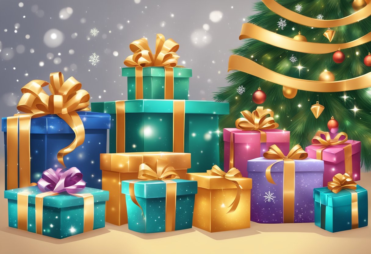 A pile of beautifully wrapped gifts with company logos, festive ribbons, and personalized tags, arranged under a sparkling Christmas tree