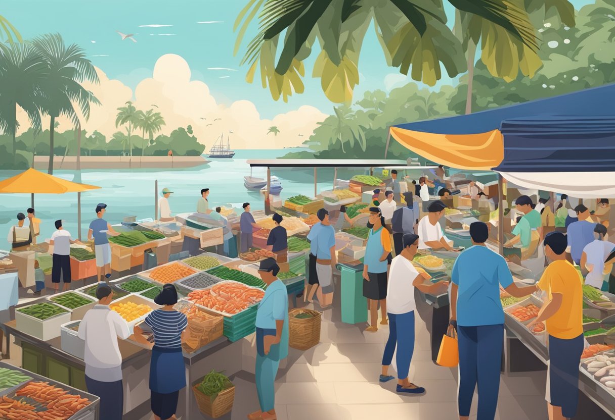A bustling seafood market at Pasir Ris Park, Singapore, with vendors and customers interacting, surrounded by palm trees and the sound of the ocean