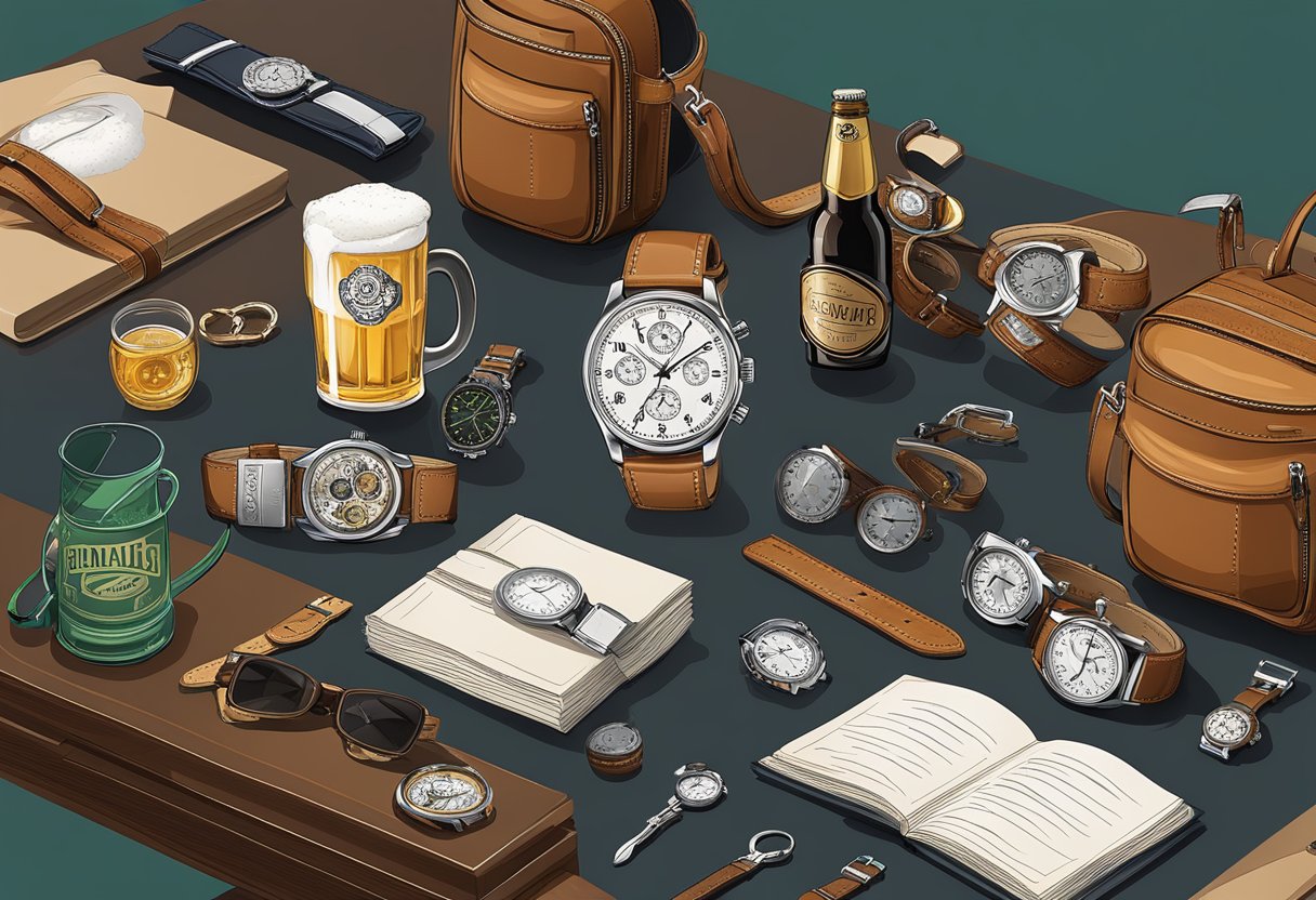 A table with a variety of personalized gifts for men, including engraved watches, custom leather wallets, and monogrammed beer mugs