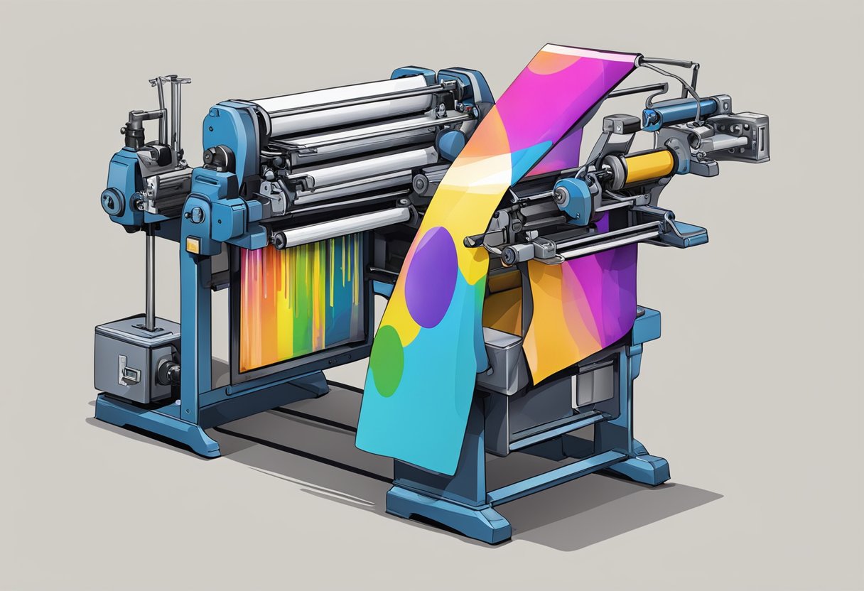 A printing machine presses ink onto a paper bag, creating a colorful design