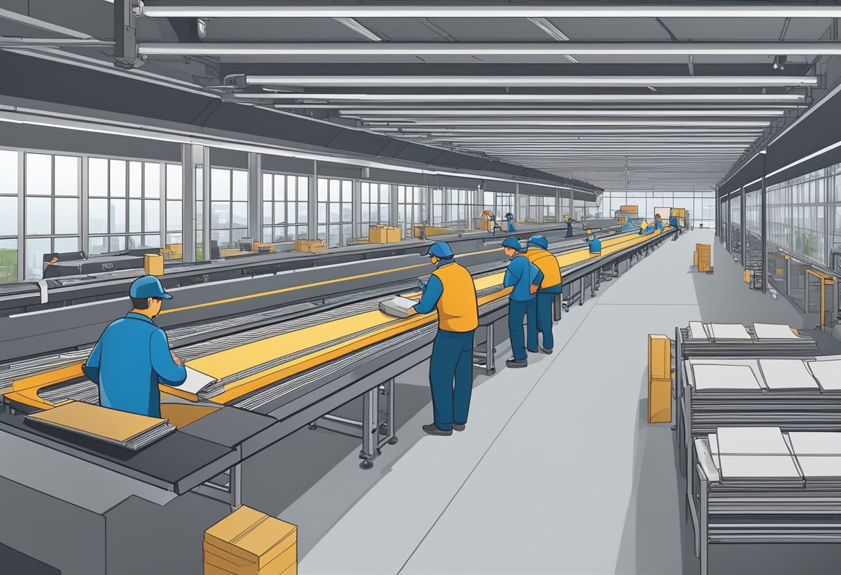 A conveyor belt moves custom notebooks through a production line, while workers package and label them for distribution