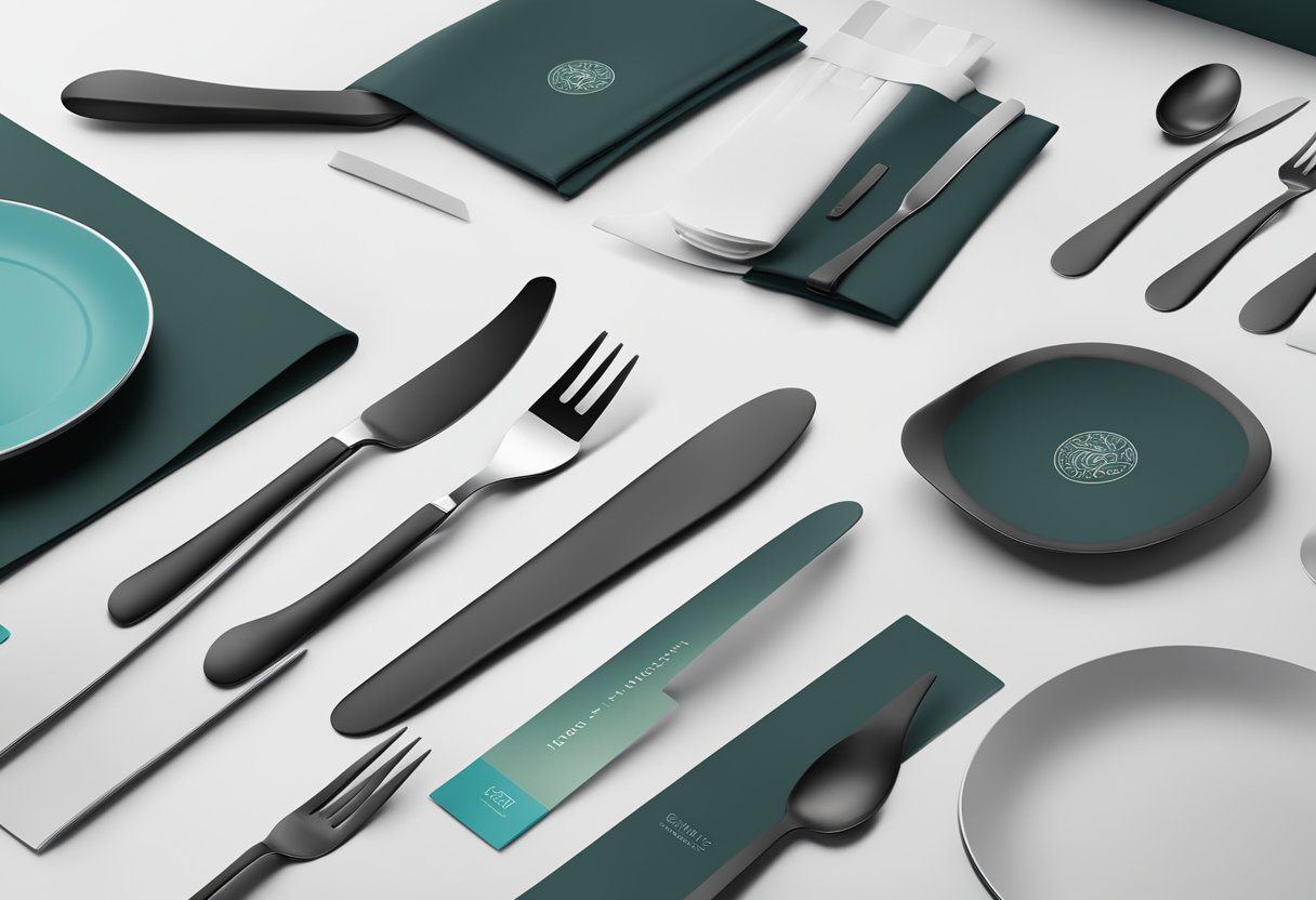 A table set with a sleek, modern cutlery set, surrounded by elegant packaging and corporate branding materials