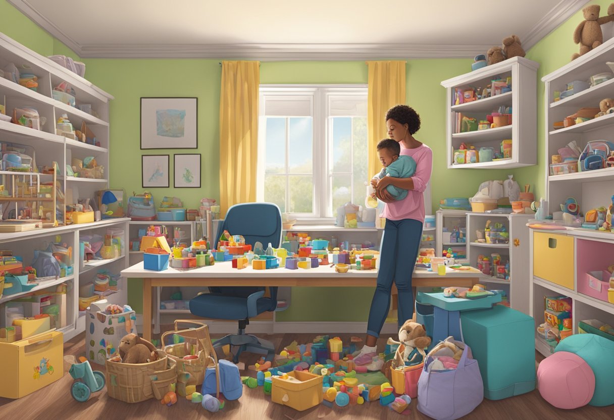 Dylan stands alone, surrounded by toys and baby supplies. A photo of his wife sits on the table, as he gazes out the window with a mix of determination and sadness