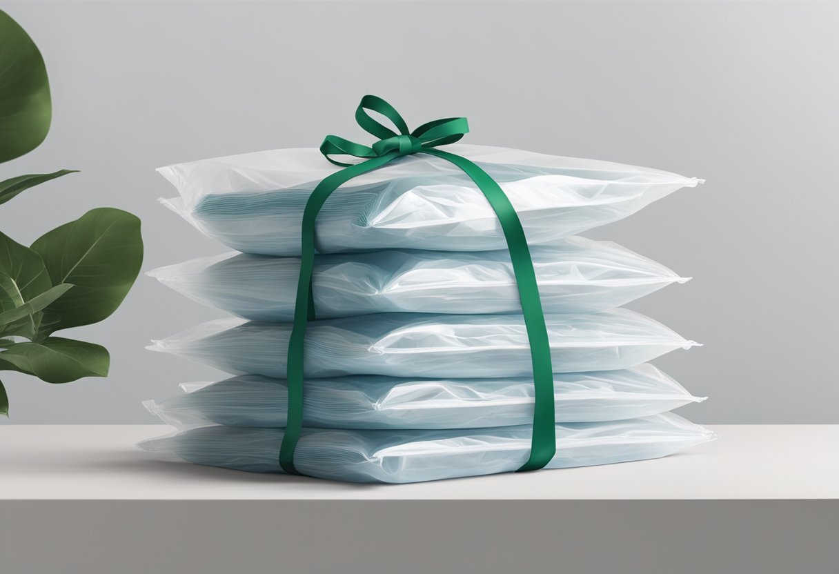 A stack of plastic giveaway bags sits on a table, with the company logo prominently displayed. The bags are transparent, showcasing their contents