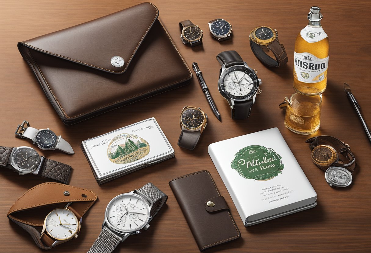 Various personalized gifts for men displayed on a table. Items include engraved watches, custom beer mugs, and monogrammed leather wallets