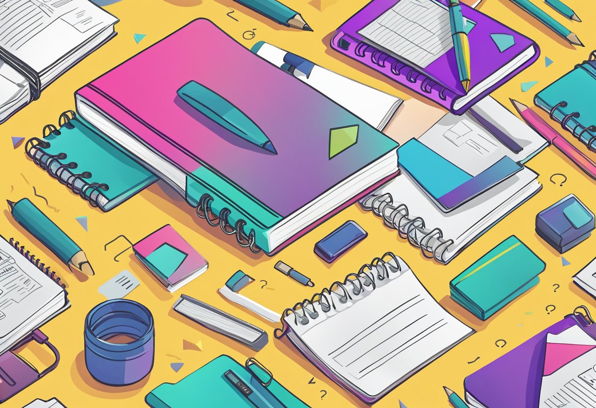A customized notebook with "Frequently Asked Questions" printed on the cover, surrounded by various question marks and a bright color scheme