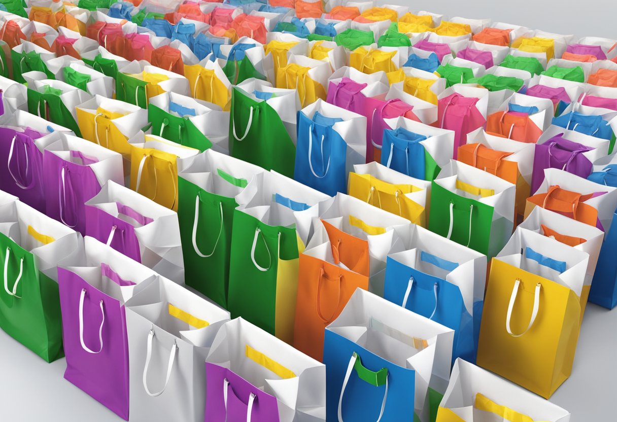 A stack of plastic giveaway bags sits on a table, ready for distribution. The bags are transparent with colorful logos and handles