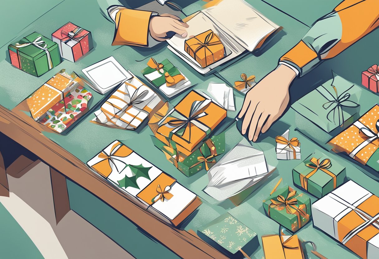 A hand reaches out to select from a variety of personalized corporate Christmas gifts displayed on a table, with a festive backdrop
