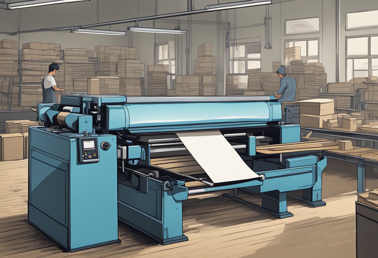 A printing press in action, with paperbags moving along a conveyor belt, ink being applied to the surface, and the finished products stacking up