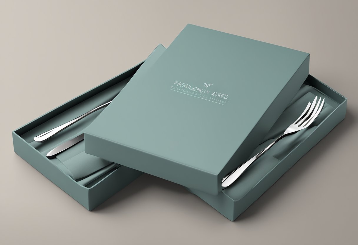 A set of sleek, modern cutlery arranged in an elegant box with the words "Frequently Asked Questions" printed on it, ready to be presented as a corporate gift