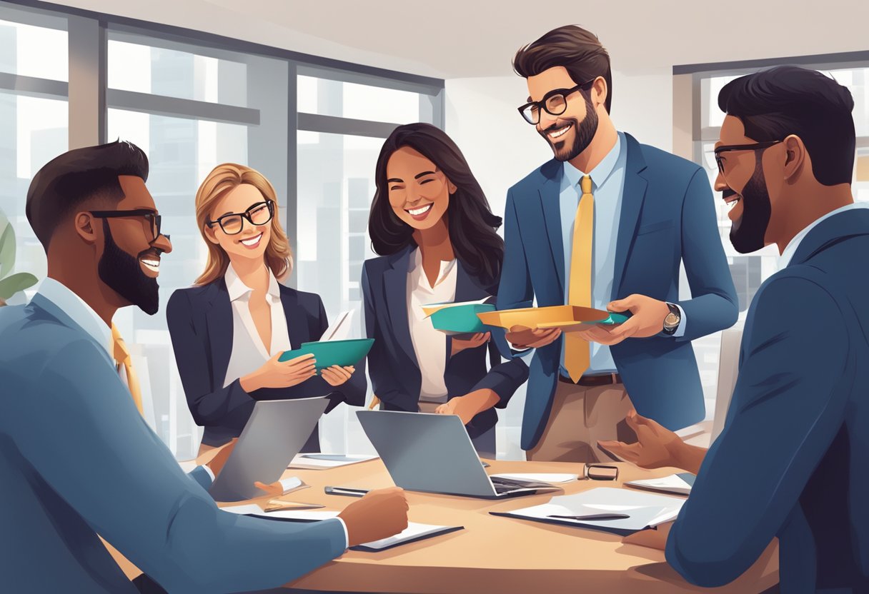 A group of business professionals exchange personalized corporate Christmas gifts, smiling and engaging in conversation, strengthening their relationships