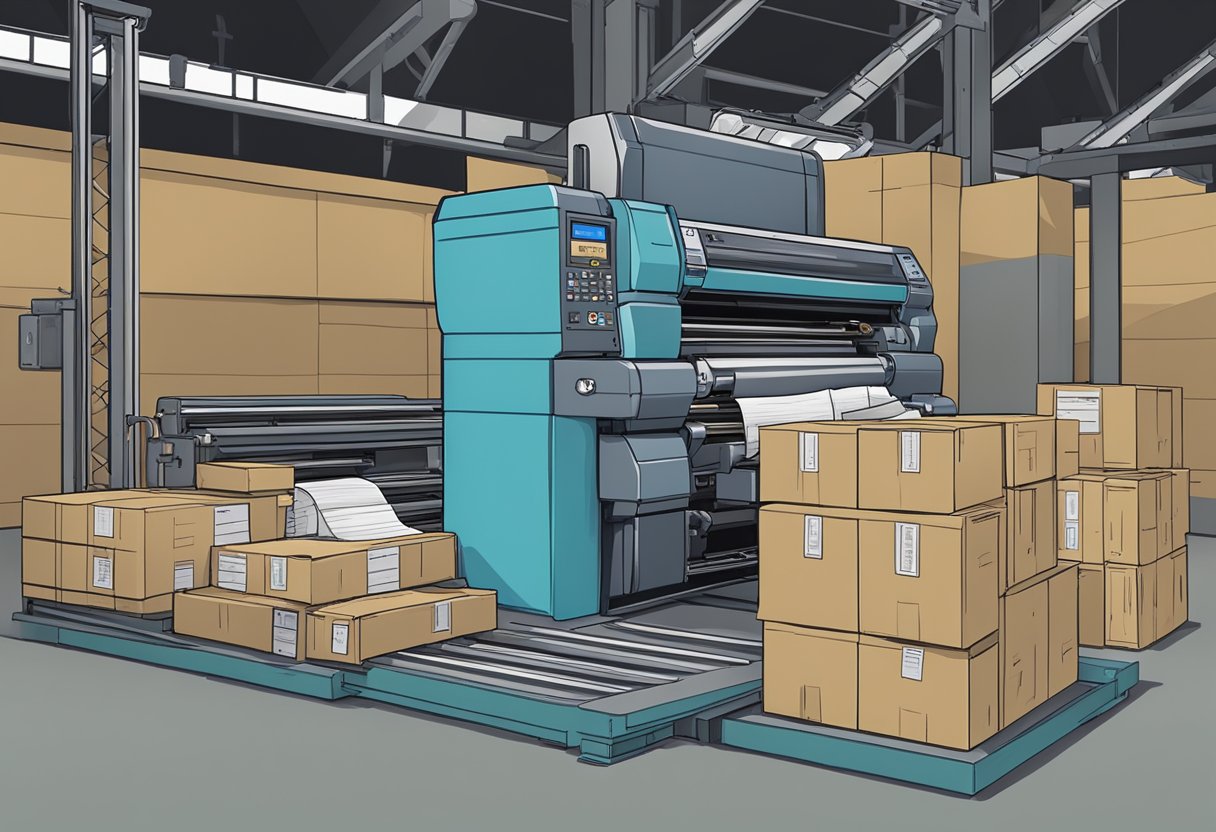 A stack of "Frequently Asked Questions" paperbags being printed by a large industrial printer