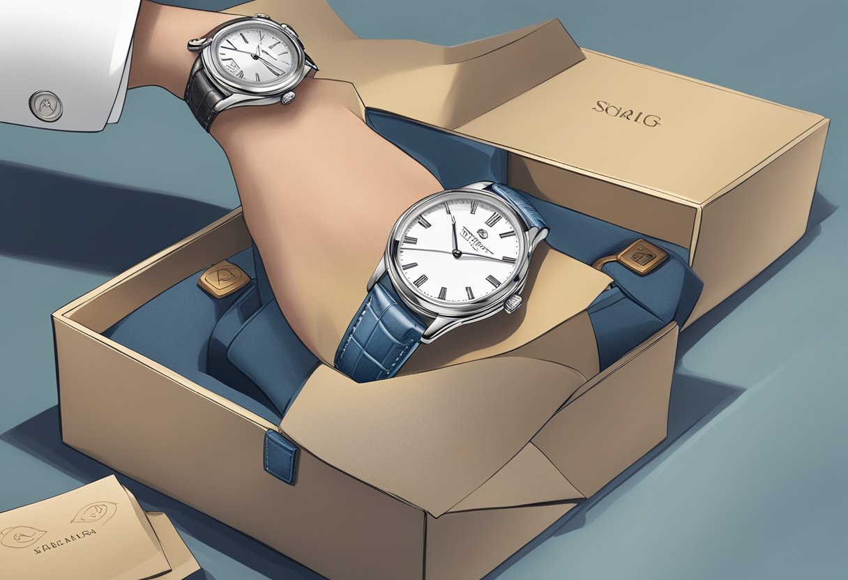 A man receiving a custom-engraved watch, with his name and a meaningful date, from a gift box with his initials embossed on it