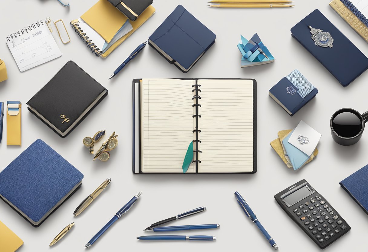 A table adorned with various unique corporate gifts, including branded notebooks, custom engraved pens, and personalized desk accessories