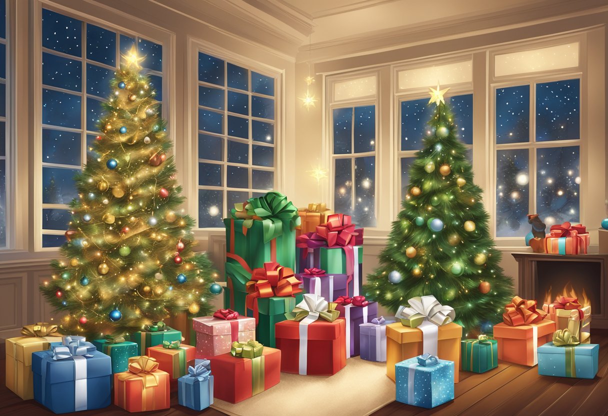 A festive holiday scene with personalized corporate gifts displayed, surrounded by twinkling lights and seasonal decorations
