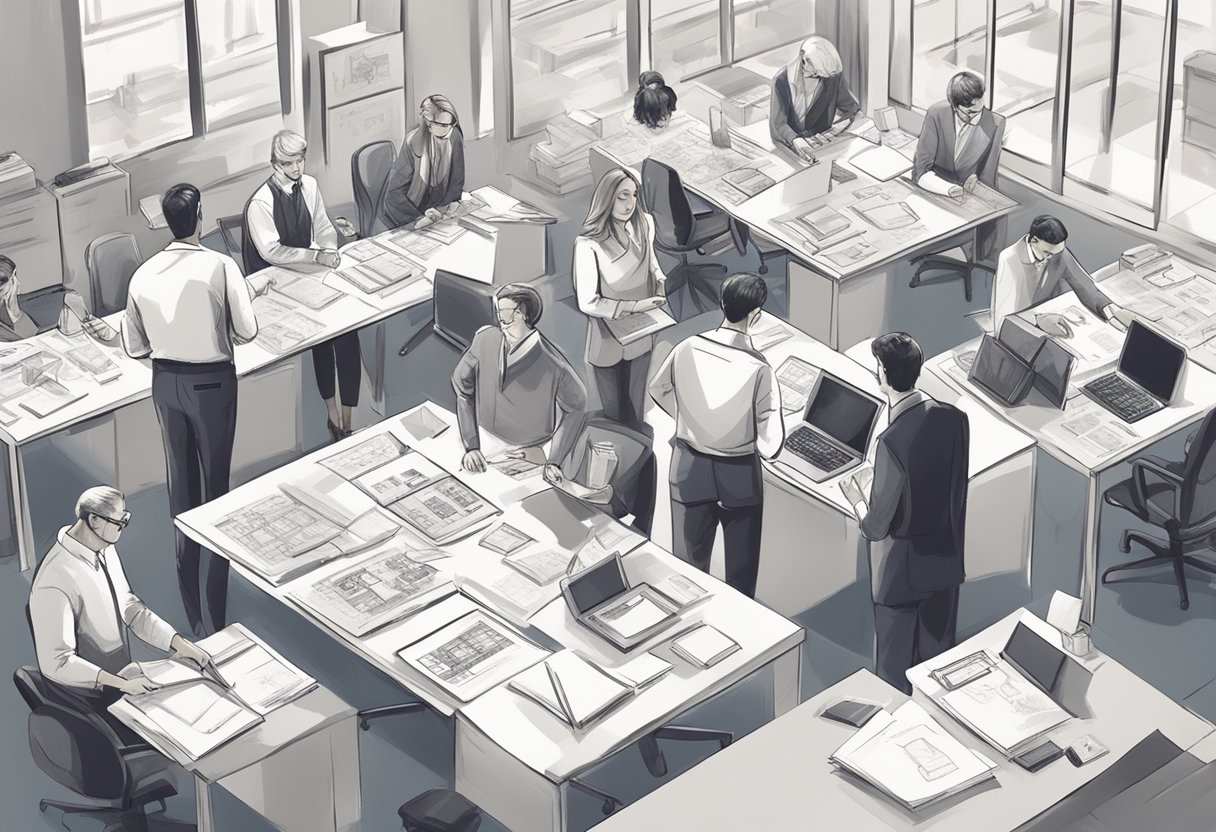A group of professionals brainstorming creative corporate gift ideas in a modern office setting. Tables are covered with sketches, notepads, and various gift samples
