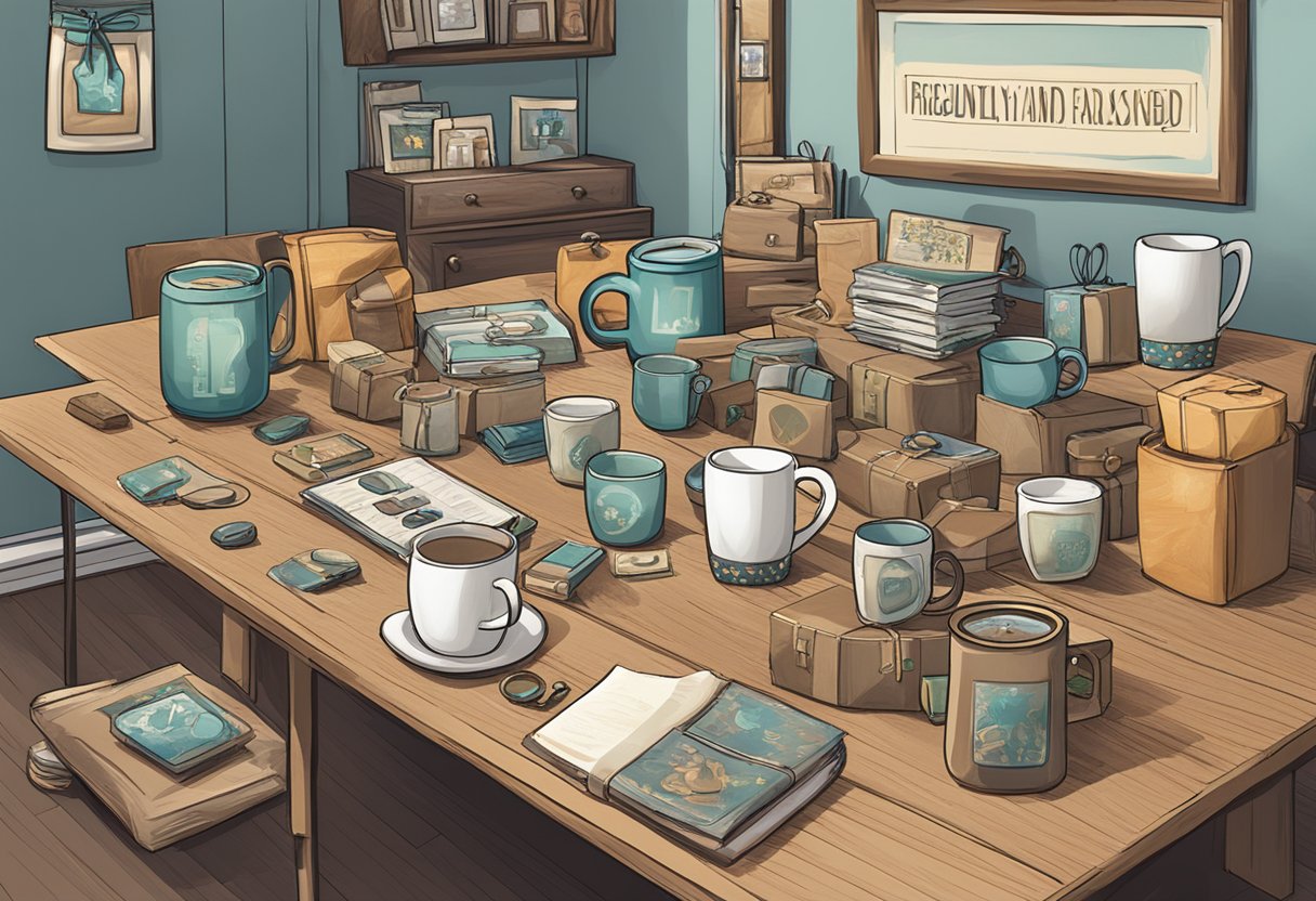 A table with various personalized gifts for men, including mugs, keychains, and photo frames. A sign reads "Frequently Asked Questions" above the display