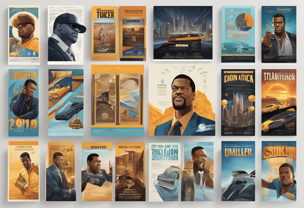 Chris Tucker's career evolution depicted through a timeline of movie posters and promotional materials