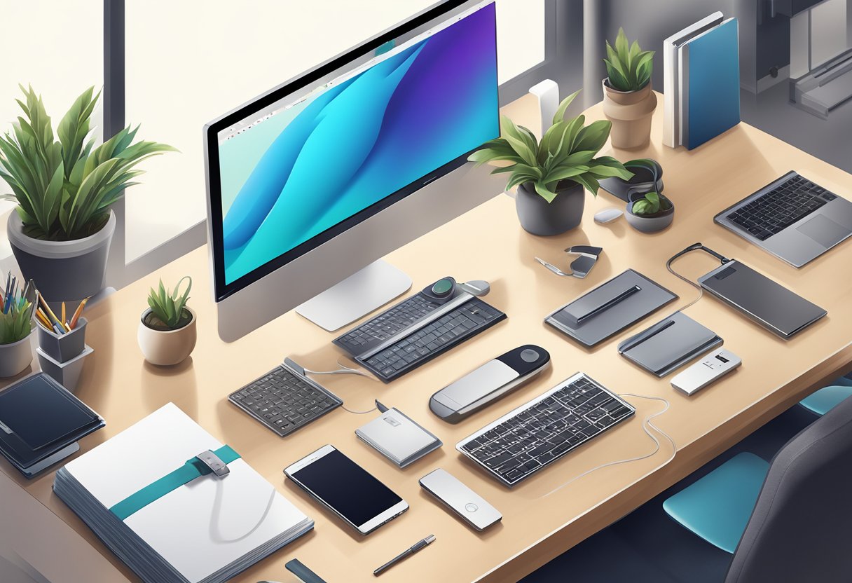 A USB corporate gift sits on a sleek desk, surrounded by a modern office setting with computers and other tech accessories