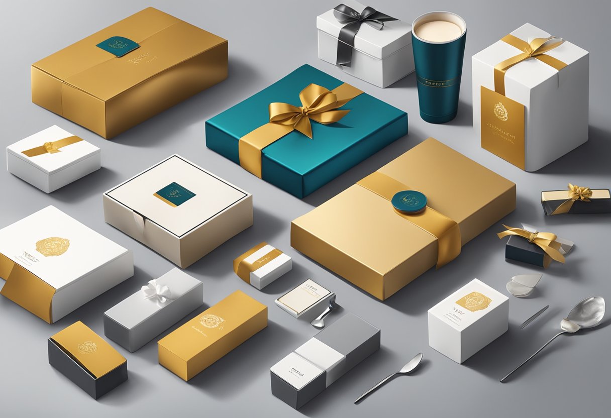 A table adorned with a variety of elegantly packaged corporate gifts, including custom-branded items and artisanal products, displayed in a sophisticated and professional setting