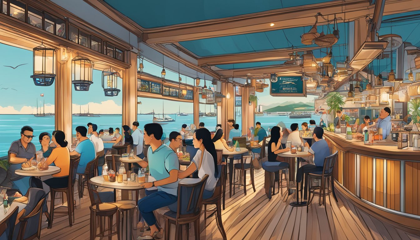 The bustling pelican seafood bar in Singapore, with diners enjoying fresh seafood and cocktails in a vibrant, nautical-themed setting