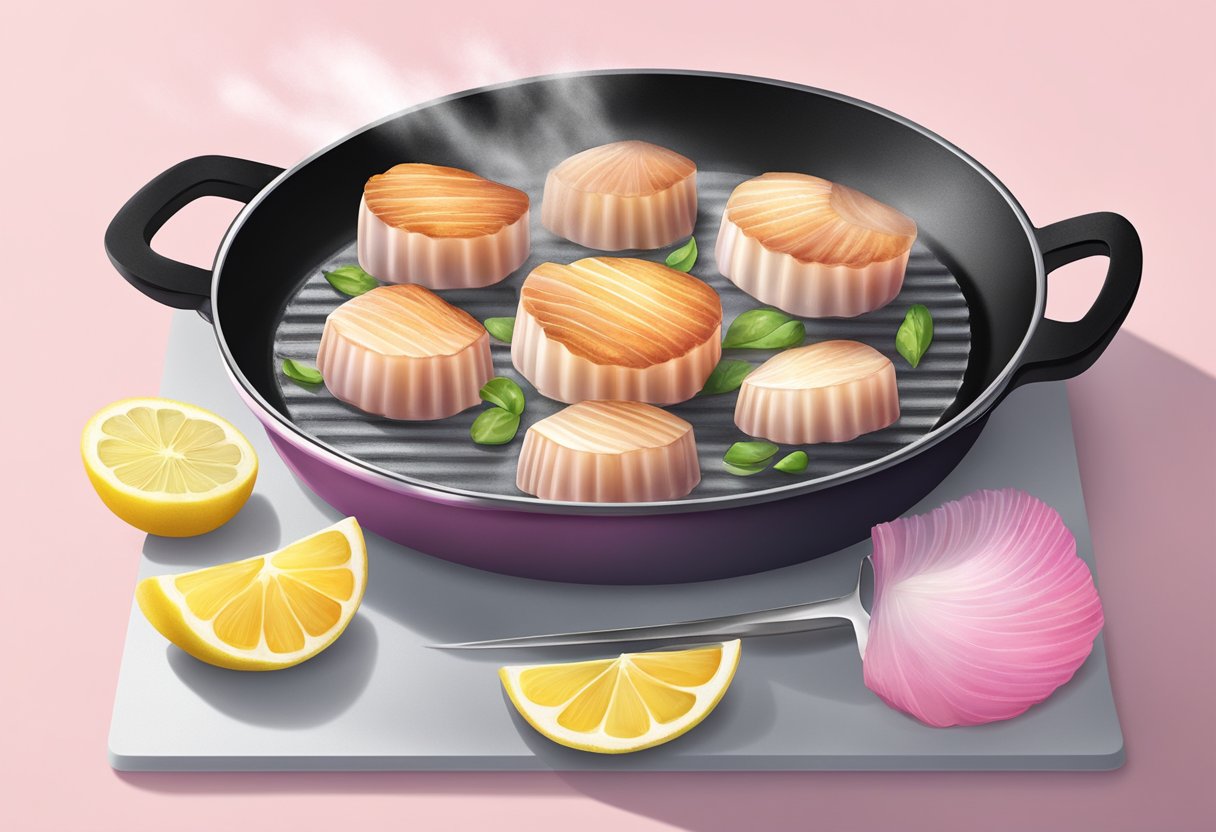 Scallops sizzling in a hot pan, turning from translucent white to a delicate pink color as they cook. A chef's knife and lemon slices sit nearby