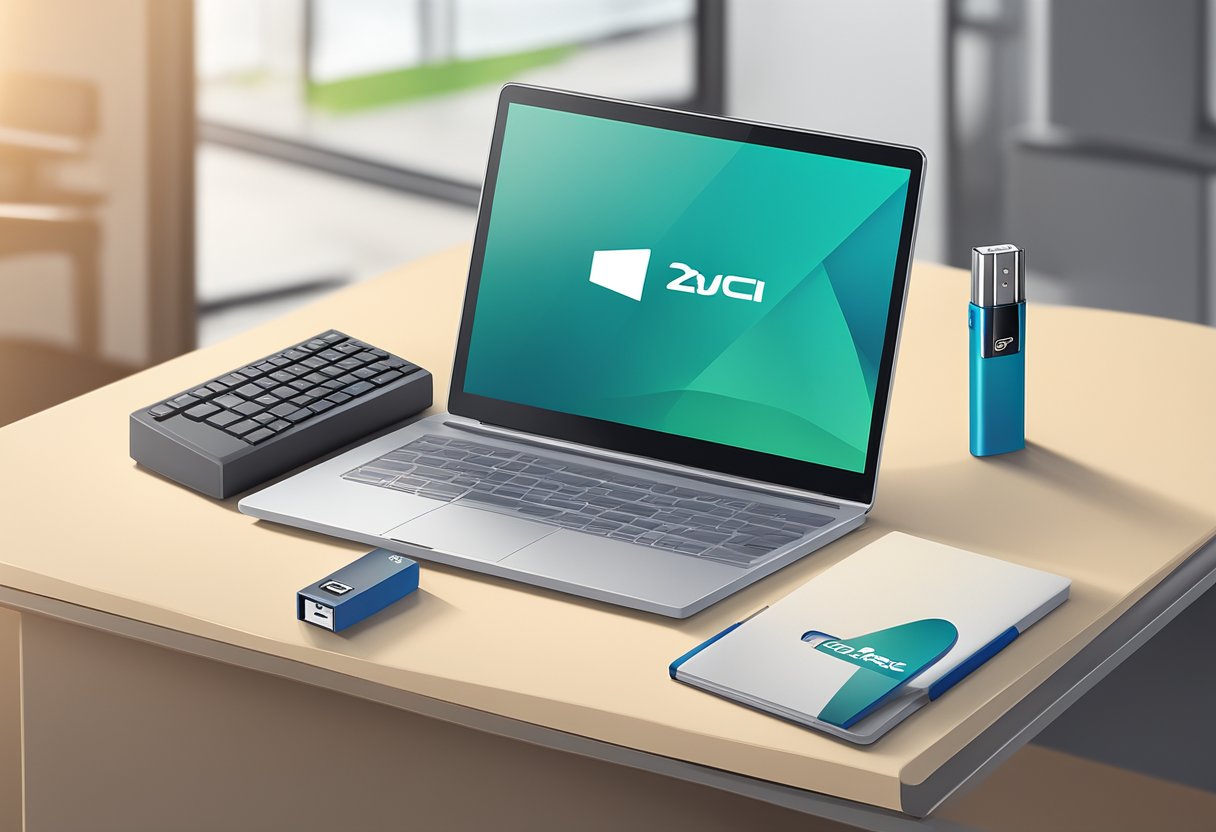 A USB flash drive with a company logo sits on a sleek desk next to a branded pen and notebook