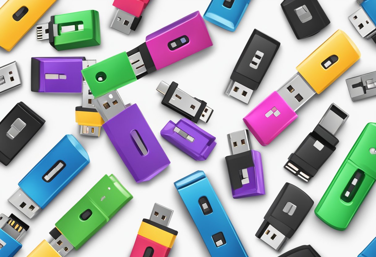 A USB drive surrounded by question marks, a corporate logo, and a gift ribbon