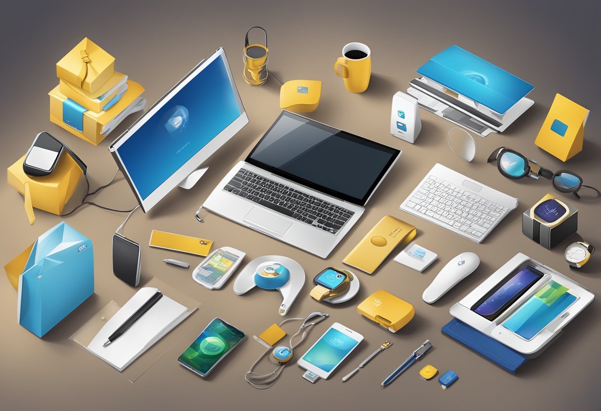 A table with various corporate gift items displayed, including branded merchandise, tech gadgets, and luxury items