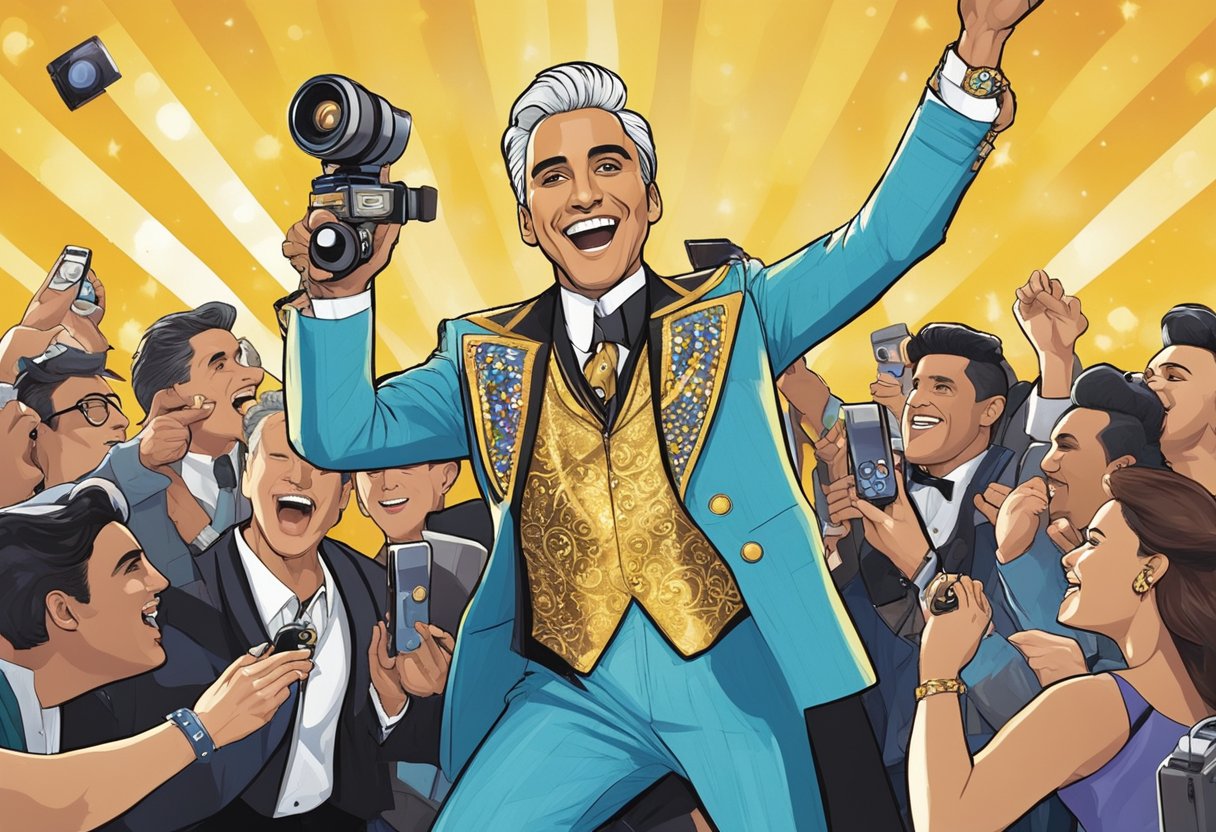 Caesar Flickerman is surrounded by flashing cameras and cheering fans as he hosts a lively entertainment show