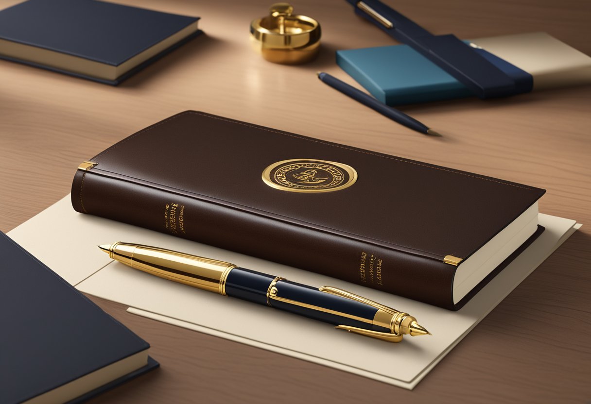 A leather-bound diary with a gold embossed corporate logo sits on a polished mahogany desk, surrounded by a pen, elegant packaging, and a personalized note