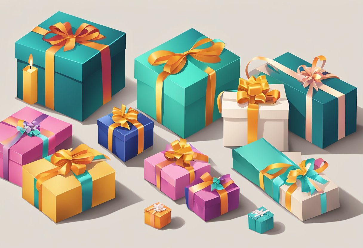 Colorful gift bags and boxes arranged on a table, with ribbons and tags. A variety of items such as candles, chocolates, and small trinkets are visible inside the packaging
