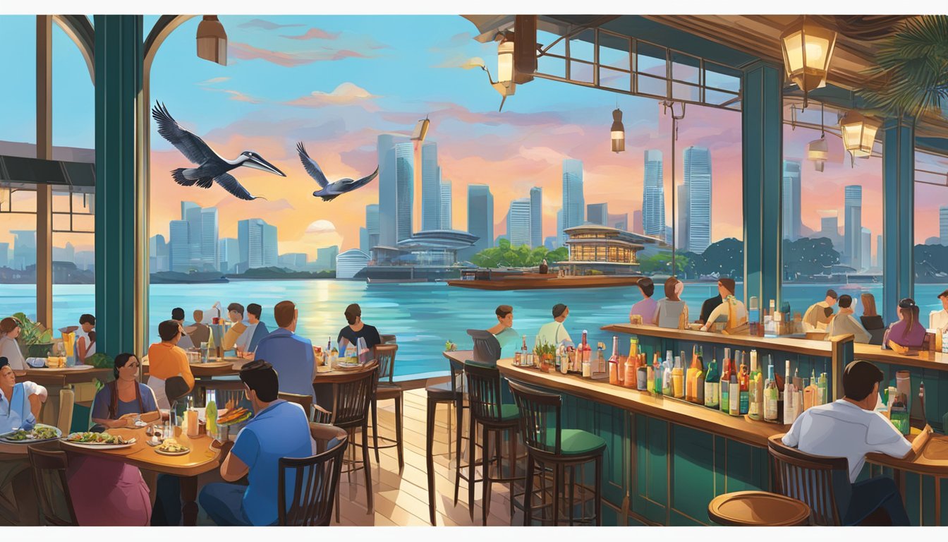 A bustling seafood bar with pelican decor, overlooking a vibrant Singapore cityscape. Tables are set with fresh catch and colorful cocktails